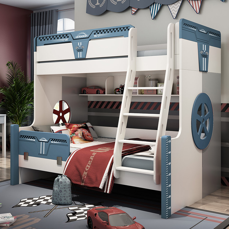 Up and down bed Double bed Children's bed Boy Mediterranean blue small apartment Space-saving racing high and low bed mother bed