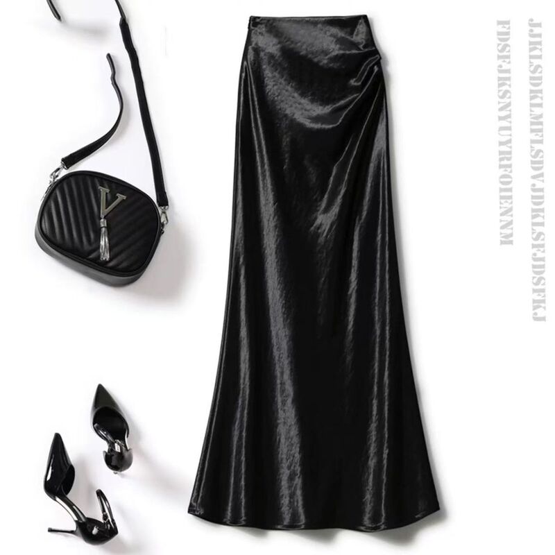 Satin Midi Skirt for Women, Summer High-Waisted, Bodycon, Gold Satin Bias-Cut Black and White Fishtail Skirt