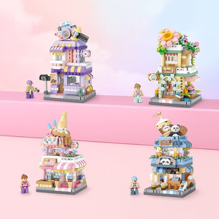 Loz Micro-Particle Building Block Assembly Toy Ice Cream Shop Internet-Famous Mini Street Scene Model Ornament Panda Cafe