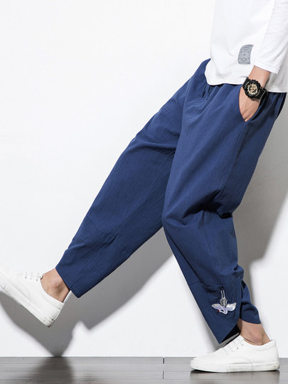 Chinese style men's cotton and linen embroidered casual trousers retro loose wide-leg pants summer linen harem pants nine-point pants