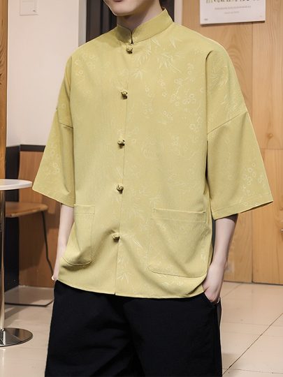 复古提花汉服中国风夏季薄款短袖衬衫男新中式唐装宽松大码衬衣