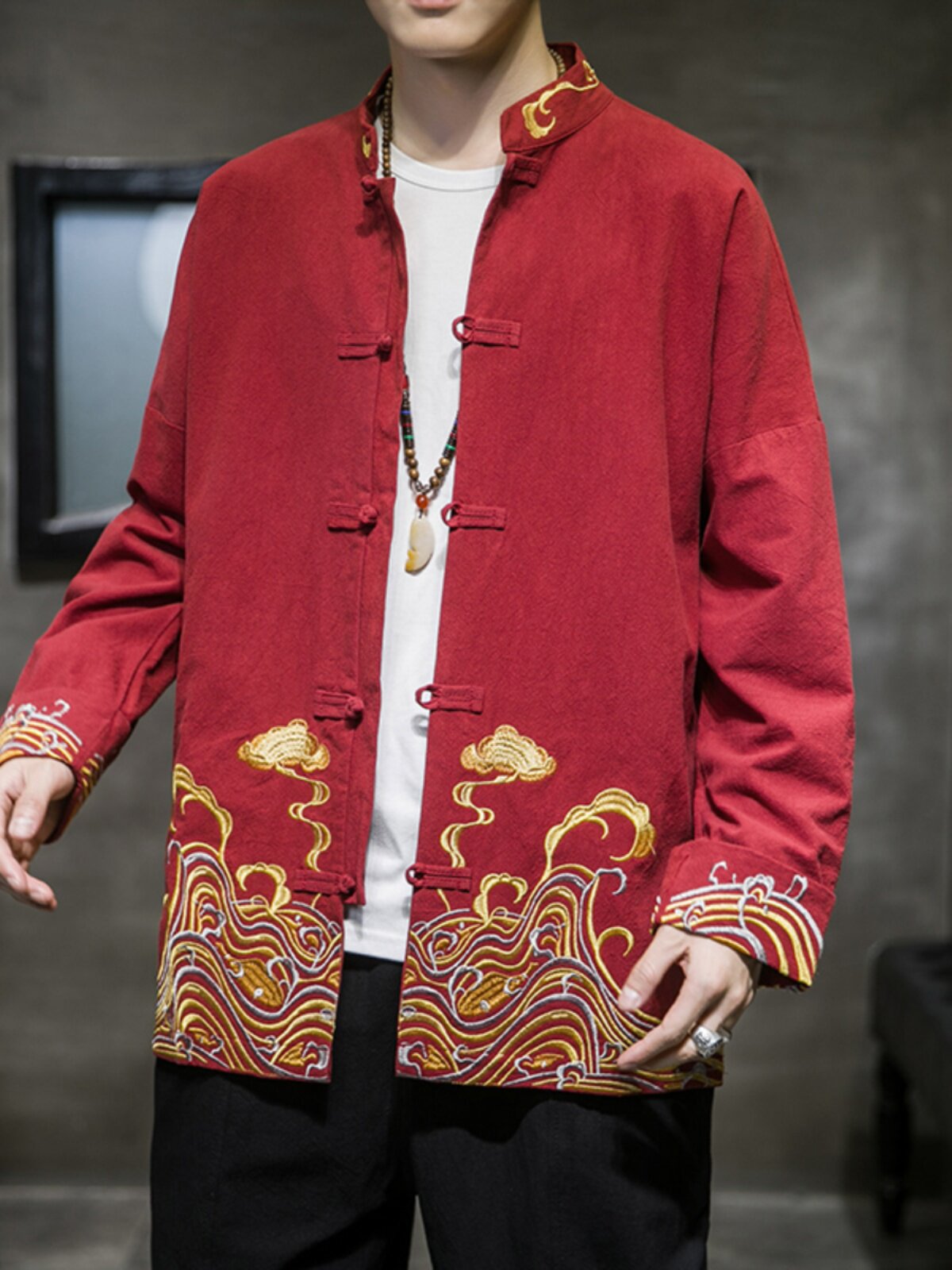 Chinese Style Dragon Pattern Embroidery Cotton and Linen Retro Autumn Tang Suit Men's Loose Large Size Zhongshan Suit Men's Jacket Youth Suit