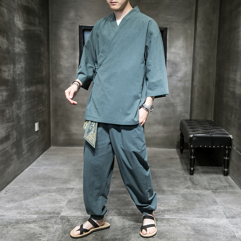 Improved Hanfu Men's Chinese Style Spring and Summer Oblique Collar Shirt Set, Retro Tea Zen Clothing, Loose Layman's Clothing Two-Piece Set