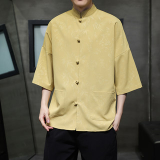 Ретро жаккардовая китайская рубашка династии Хань, летняя тонкая рубашка с короткими рукавами, мужской новый костюм Тан в стиле шинуазри, свободная рубашка большого размера