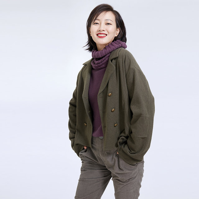 Siqin Spring and Autumn Women's 100% Wool Military Green Lapel Double-breasted Loose Wool Jacket 10CS002