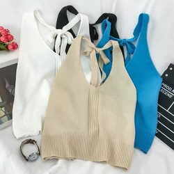 Summer sexy V-neck clavicle exposed waist halter-neck knitted halterneck fat mm large size loose short spring vest