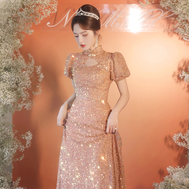 Pink Toast Dress for Bride 2026 New Style New Chinese Style Wedding Engagement Long Dress High-End Sequin Annual Party Evening Dress