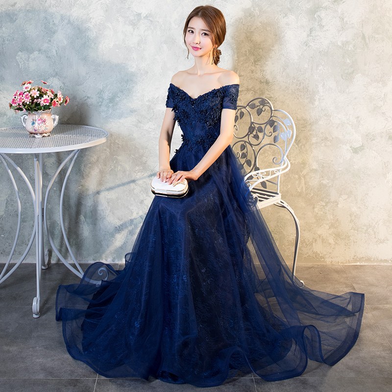 Blue One-Shoulder Evening Dress for Women, High-End, Light Luxury, Niche, High-End Banquet Hostess, Princess Style, Annual Party Long Dress