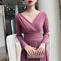 Atmospheric small evening dress temperament long sleeve female high-end banquet usually wear birthday party dress high quality texture