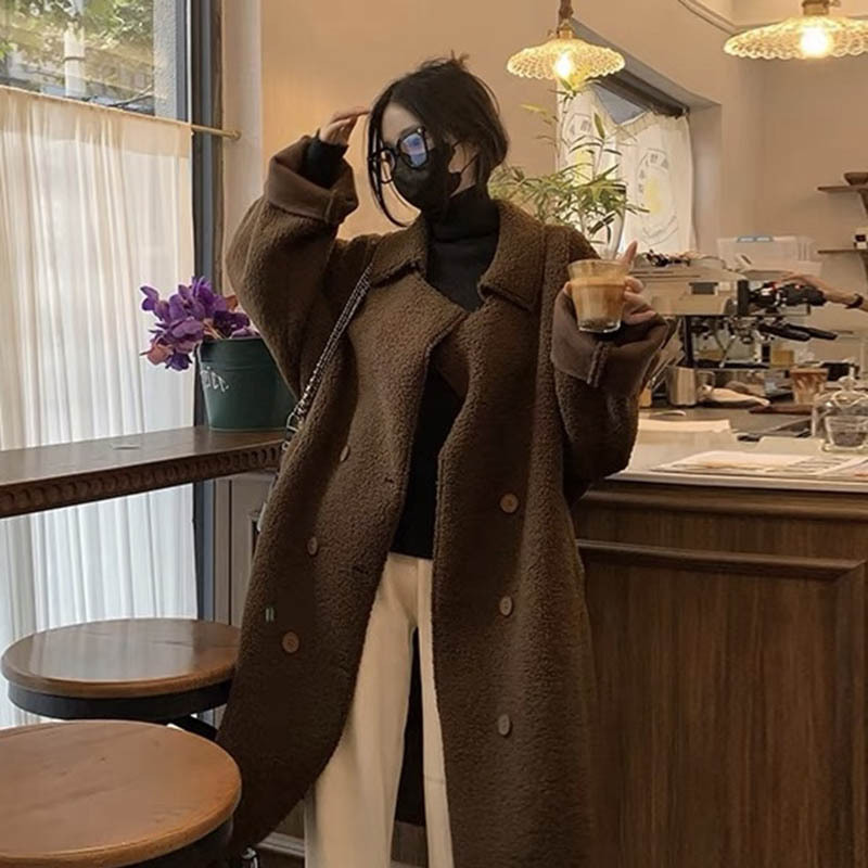 Maillard Brown Lamb Wool Coat, Faux Fur Winter Coat, Integrated Fur and Leather Coat, Old Money Style Long Coat