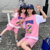 Pro-sub-dress 2022 new boomers Mother-daughter Suit Children Summer Dress Korean Version Foreign Gas Cartoon Fake two blouse pants