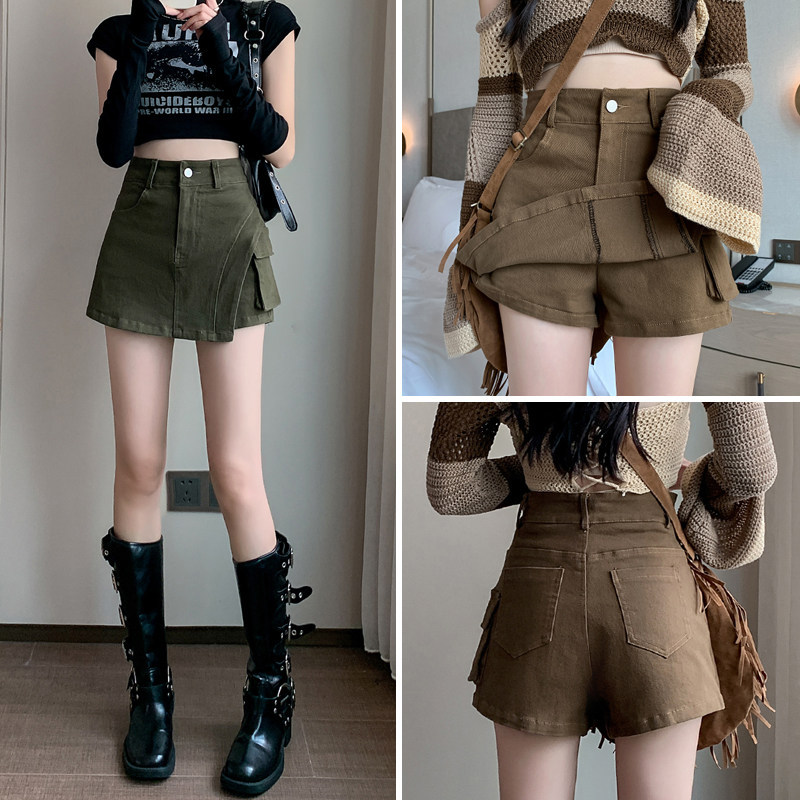 American Retro Khaki Workwear Denim Short Skirt Pants for Women, Spring and Autumn, Petite High-Waisted A-Line Wide-Leg Hot Pants American Retro Khaki Workwear Denim Short Skirt Pants for Women, Spring and Autumn, Petite High-Waisted A-Line Wide-Leg Hot Pants