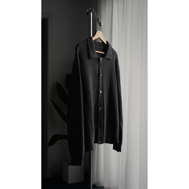 Eoh'Aran' Cashmere Blend Cable Knit Cardigan with Pure Horn Buttons and a Turn-Down Collar