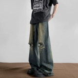 Летние тонкие ретро джинсы, штаны, повседневные брюки, в американском стиле, свободный прямой крой