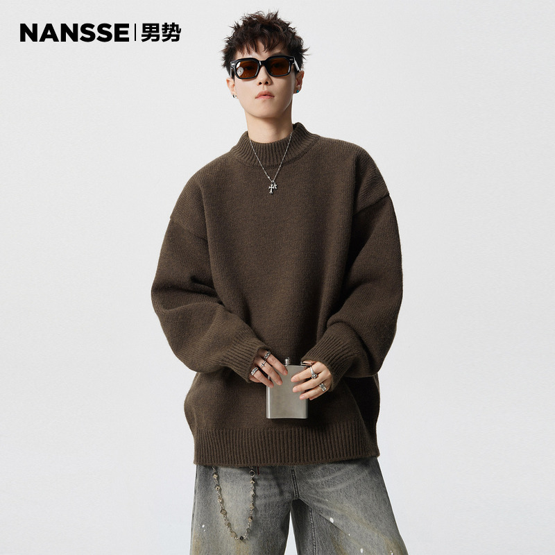 Heavyweight Lazy Coffee-Colored Half-High Collar Knit Sweater for Men, Winter American-Style Loose Casual Thickened Warm Couple Sweater