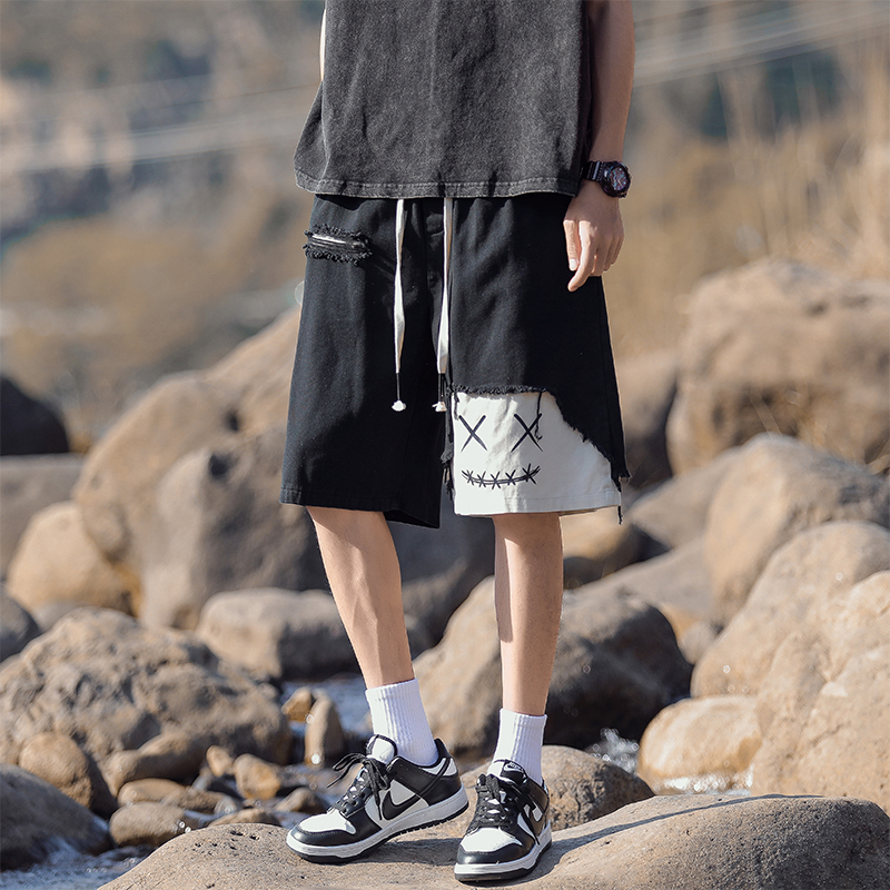 American-Style Men's Summer Ripped Patchwork Shorts, Five-Point Mid-Length Pants, Cool and Stylish, Plus-Size Loose Casual Basketball Sports Pants