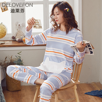 Cotton pajamas womens spring and autumn pullover long sleeve autumn cotton stripes autumn home clothes womens 2019 new can be worn outside