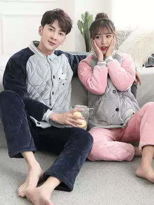 Couples pajamas men's winter thickened plus velvet home clothing women's autumn and winter coral velvet three-layer cotton and cotton heating pants
