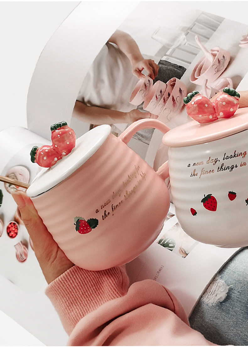 Super express cup girl web celebrity strawberry ceramic cup with cover spoon keller ins powder creative girl heart cup