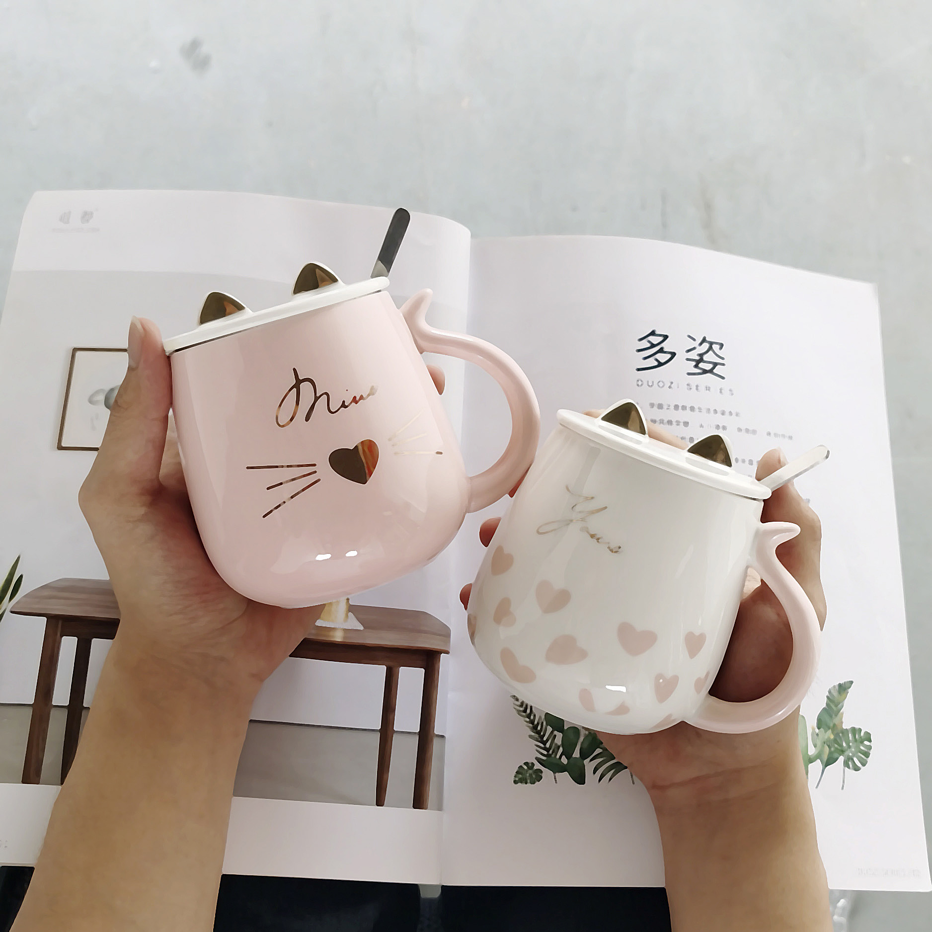 Super water of lovely cat ceramic mark cup with cover spoon girl heart coffee cup of milk for breakfast cup large capacity