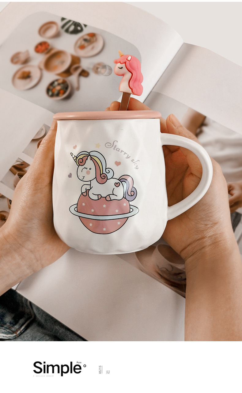 The Girl in pink unicorn cup home express it in glass ins individuality creative ceramic keller with spoon