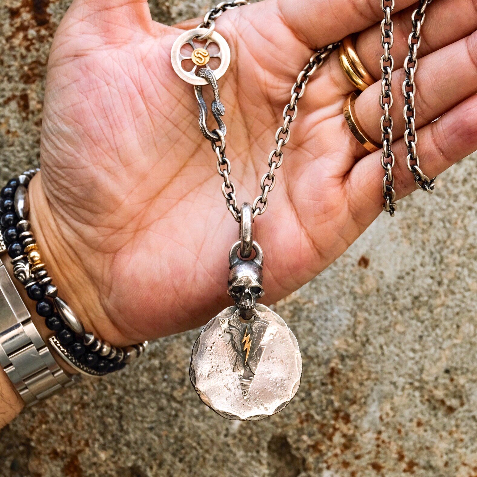 Japanese Handmade (FATE CO) Special Edition 18K Gold Lightning Skull Silver Coin Pendant - Taobao