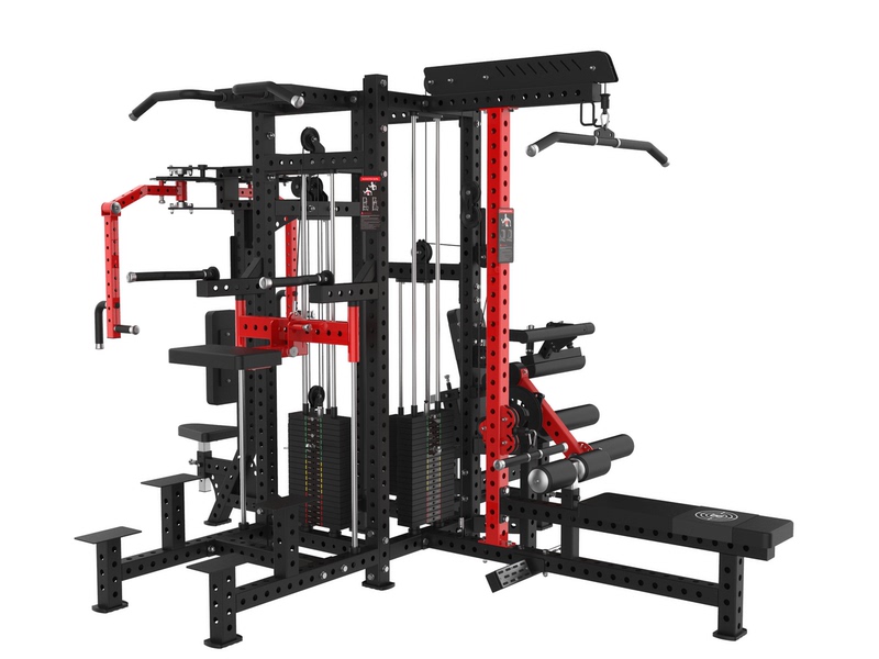 Commercial Four-Station Comprehensive Trainer with Straight Arm Chest Press, Leg Extension and Flexion, High Pull-Down, Seated Rowing, and Fly Machine Commercial Four-Station Comprehensive Trainer with Straight Arm Chest Press, Leg Extension and Flexion, High Pull-Down, Seated Rowing, and Fly Machine