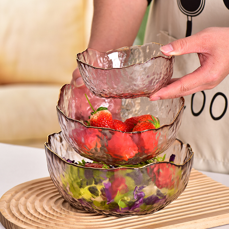 Japanese-Style Gold-Rimmed Colored Glass Bowl, Salad Bowl, Home-Use Living Room High-Value Fruit Bowl, Ice Jelly Dessert Bowl