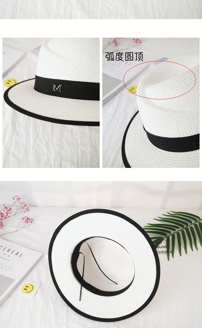 Fashionable M-label sun hats, straw hats, sun-protective hats, women's summer outings, sun hats, black British flat-topped top hats, a trend detail image 14