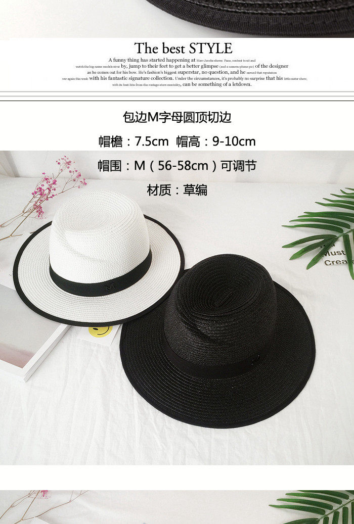 Fashionable M-label sun hats, straw hats, sun-protective hats, women's summer outings, sun hats, black British flat-topped top hats, a trend detail image 12