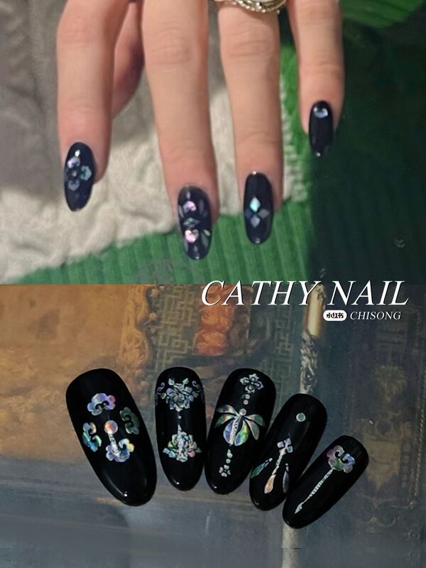Nail Art Stickers with a Luxurious Lacquer Inlay, Shell Laser Design, New Chinese Style, Formal Wear, Auspicious Meaning, Wearable Nail Pieces