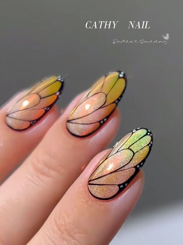 Orange Sunset, Dazzling Cat-Eye Fairy Wings, Forest Fairy, Summer Nature Nail Art Stickers, Wearable Nails