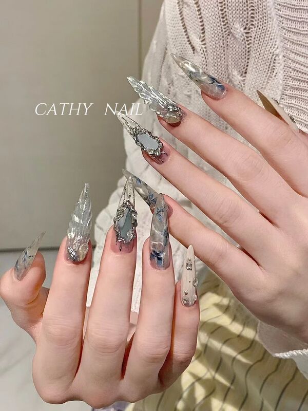 Sea Mirror Demon, Shimmering Ripples, Fairy-Like Aura, European and American Style, Extra-Long Nail Art, Wearable Nails, Beautiful Wedding Dress Photos Are Also Stunning Sea Mirror Demon, Shimmering Ripples, Fairy-Like Aura, European and American Style, Extra-Long Nail Art, Wearable Nails, Beautiful Wedding Dress Photos Are Also Stunning