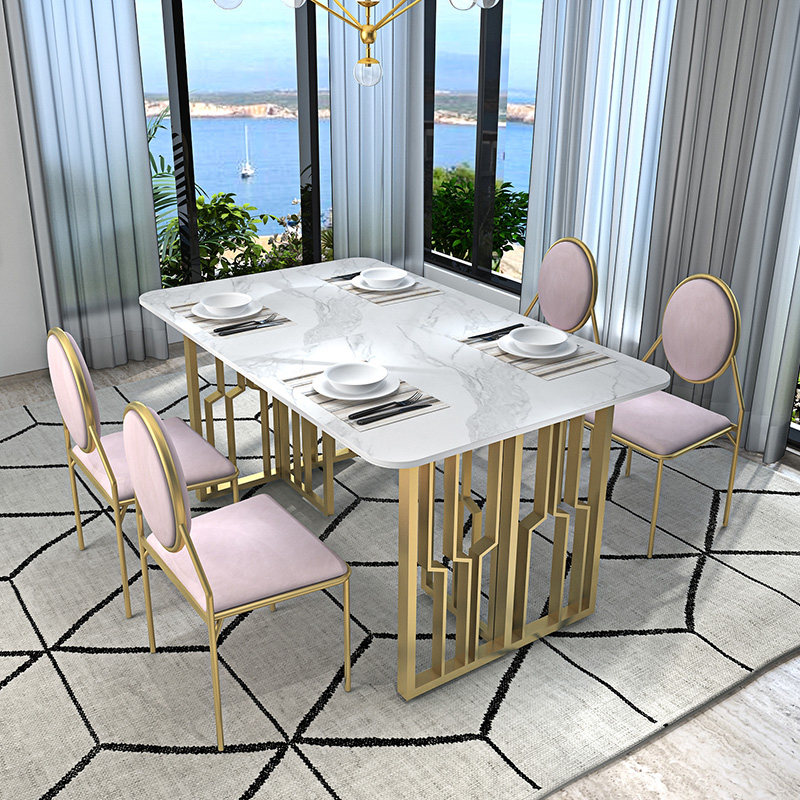 Modern minimalist light extravaganza Furniture Marble Dining Table And Chairs Combine Nordic Wind Iron Art Rectangular Dining Table Home Dining Table