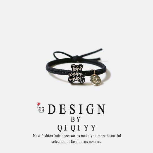 Korean-Style High-End Smiley Bear Hair Tie, Elegant Hair Rope, Cute Girl's Hair Tie for High Ponytail, Houndstooth Hair Accessory