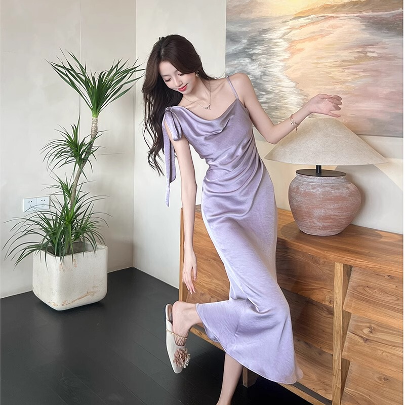 Purple Acetate Satin Silk Slip Dress for Women, 2026 Summer New French-Style Bodycon Fishtail Long Dress