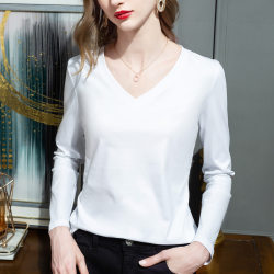 High-end customized double-sided mercerized cotton V-neck long-sleeved T-shirt for women 2024 spring new style loose and slim inner layering shirt