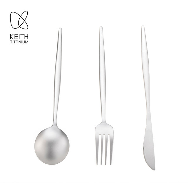 KEITH ໂຕະອາຫານຕາເວັນຕົກ titanium ບໍລິສຸດຂອງຄົວເຮືອນມີດສະເຕັກໜາ, ສ້ອມ ແລະບ່ວງສາມຊິ້ນຊຸດໂລຫະ titanium tableware