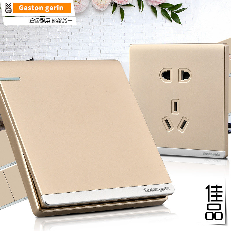 Big board champagne gold switch socket 86 type household 1 one open 5 five-hole socket with network network route telephone panel