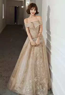 Champagne evening dress fairy noble socialite sexy one-shoulder 2021 new birthday banquet high-end texture summer