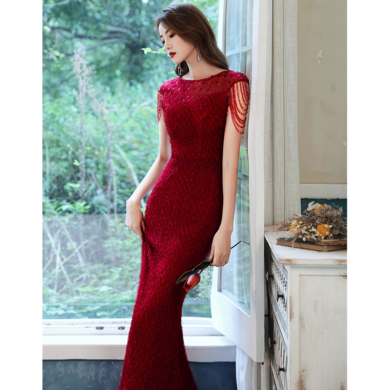 Toast Dress Bridal Gown Engagement Banquet Fish Tail Long Version 2020 New Wedding Wine Red Ocean Dress Winter