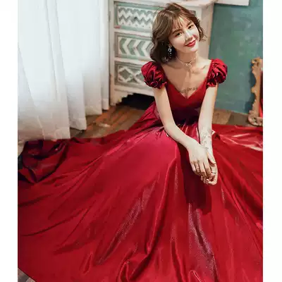 French toast Bride wedding high-end temperament wedding dress dress dress 2021 new back wine wine red engagement dress