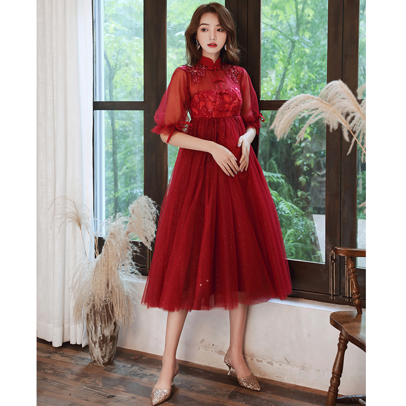 Little sub toast to the bride Chinese qipao pregnant woman big size to get married back door to wine red color summer engagement gown woman