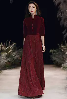 Burgundy toast bride 2021 new wedding dress high-end temperament long version engagement dress back