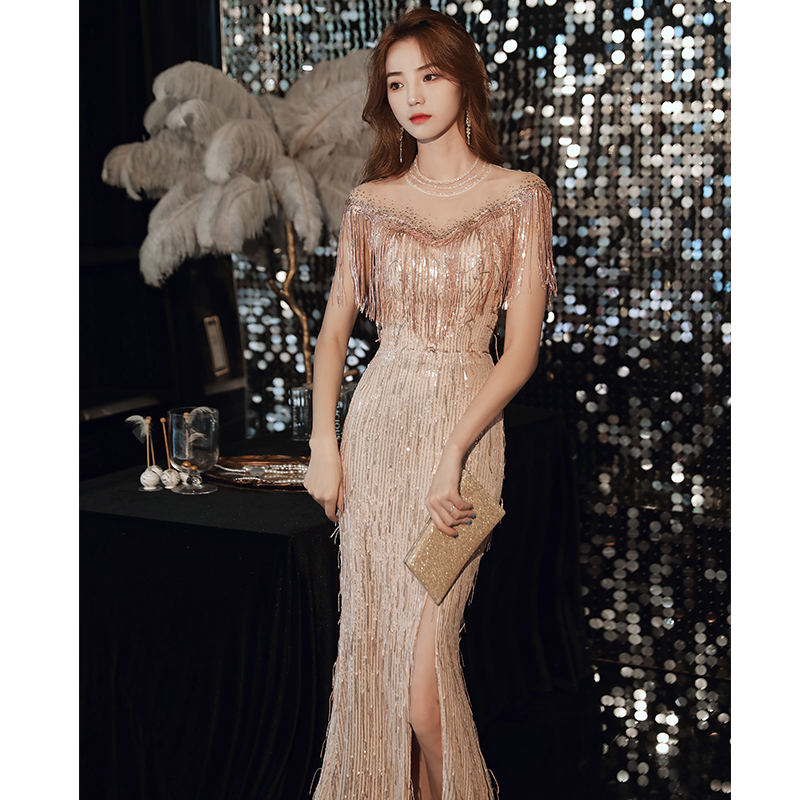 Host Evening Dress Skirt High-end Sense Niche Light Luxury High-end Banquet Temperament Slim Sequins Fishtail Long Tassels