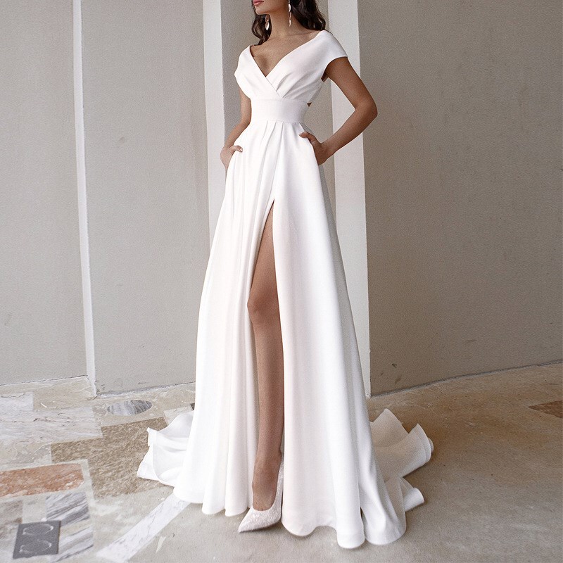 White Long Dress, One-Line Backless V-Neck Evening Dress, White Series Floor-Length Light Wedding Dress for Women White Long Dress, One-Line Backless V-Neck Evening Dress, White Series Floor-Length Light Wedding Dress for Women
