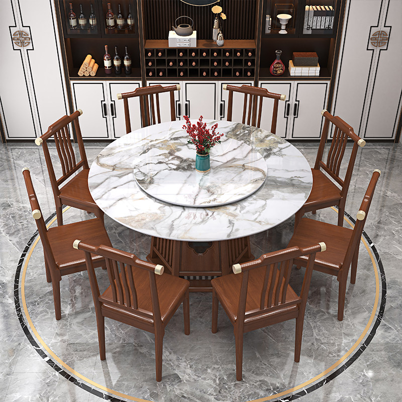 New Chinese-style all-solid wood dining table and chair combination slate modern minimalist small apartment household marble round table with turntable
