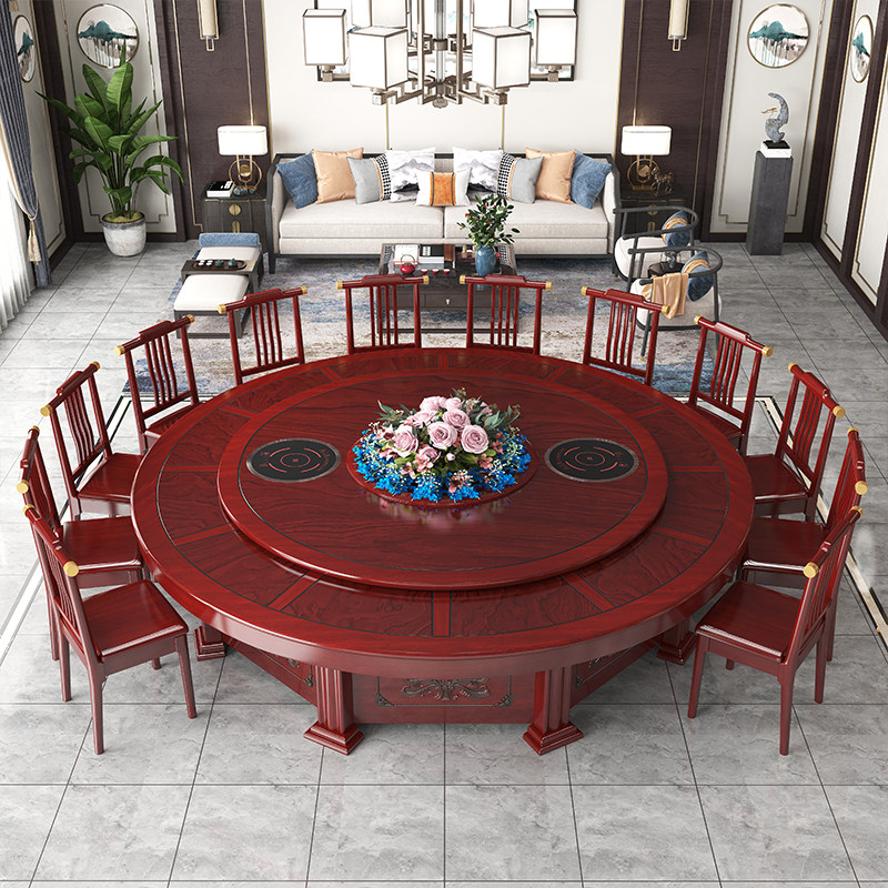 New Chinese hotel electric dining table 15 people 20 people with automatic turntable hotel solid wood hot pot table box big round table