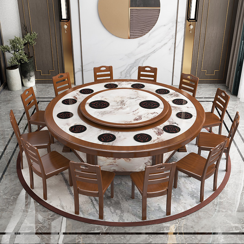 Hotel electric dining table and chair combination 18 people solid wood large round table club box new Chinese automatic turntable hot pot table