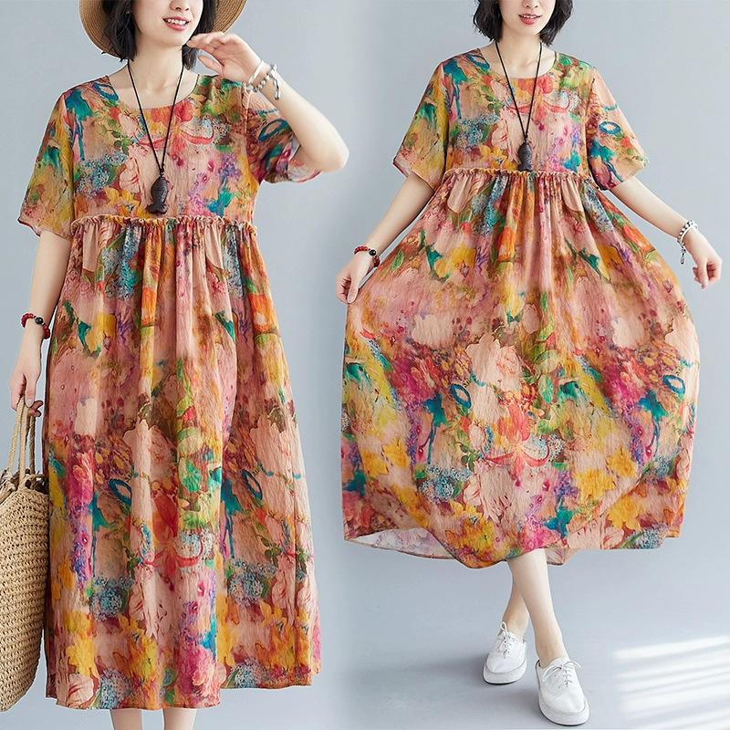 2021 mùa hè mới cộng với kích thước của phụ nữ cổ điển in váy ngắn giữa dài tay béo chị em mm váy giảm béo bụng - Váy dài